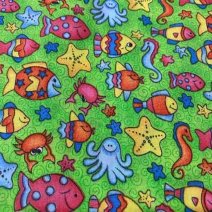 Sold by the yard - Green colorful fish print cotton fabric
